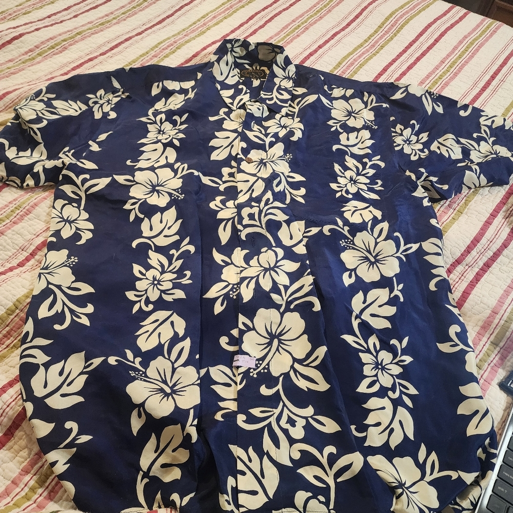 🌻Hawaiian Silk Company Blue Floral Silk Button-Down Shirt Top Men's Size Large